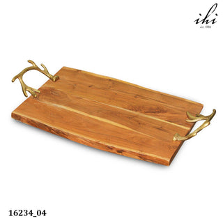 Wood Tray with Gold Antler Handles