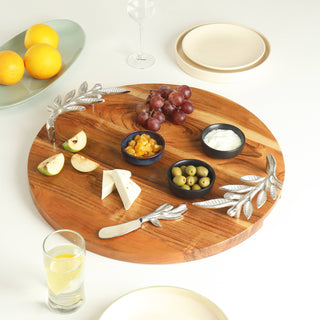 Round Wood Serving Tray w/ Metal Olive Branch Handles