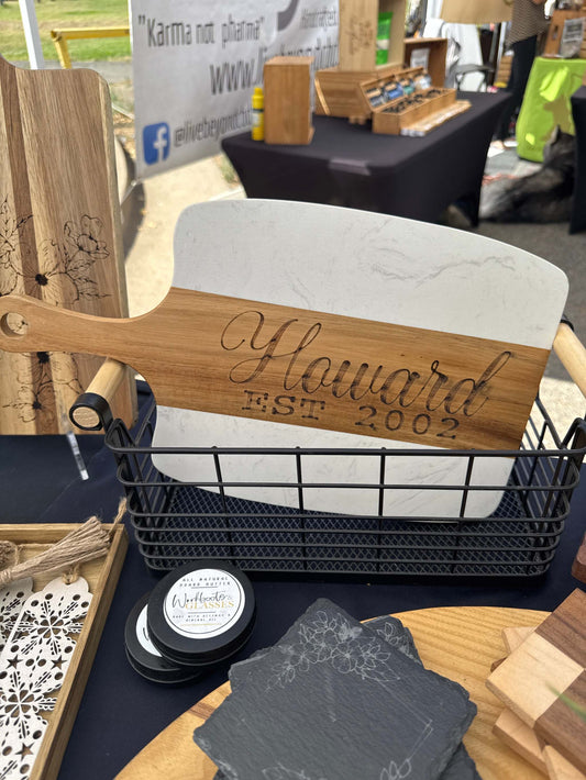 marble and wood engraved cutting board
