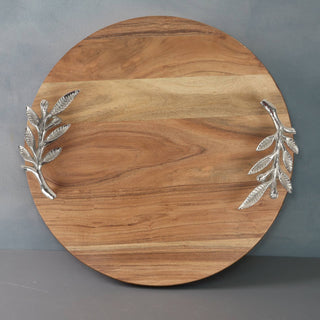 Round Wood Serving Tray w/ Metal Olive Branch Handles