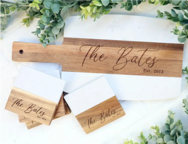 Matching Wood and Marble Cutting Board and Coaster Sets - workboots&glasses