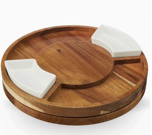 13" Rotating Acacia Charcuterie Board w/ 2 Ceramic Bowls
