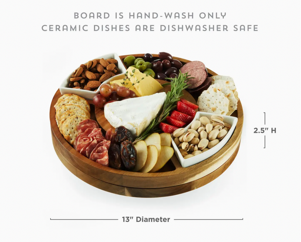 13" Rotating Acacia Charcuterie Board w/ 2 Ceramic Bowls