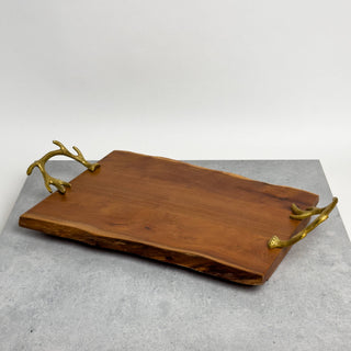 Wood Tray with Gold Antler Handles