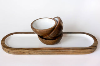 Wood + White Collection Acacia Wood 3 Dipping Bowls and Tray
