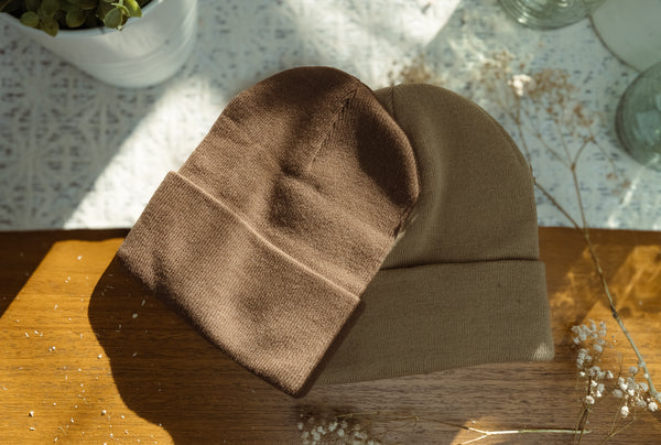 brown and tan beanie 