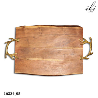 Wood Tray with Gold Antler Handles