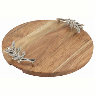 Round Wood Serving Tray w/ Metal Olive Branch Handles