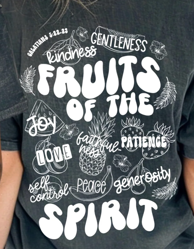 Gray t-shirt with white text and graphics on a person wearing it