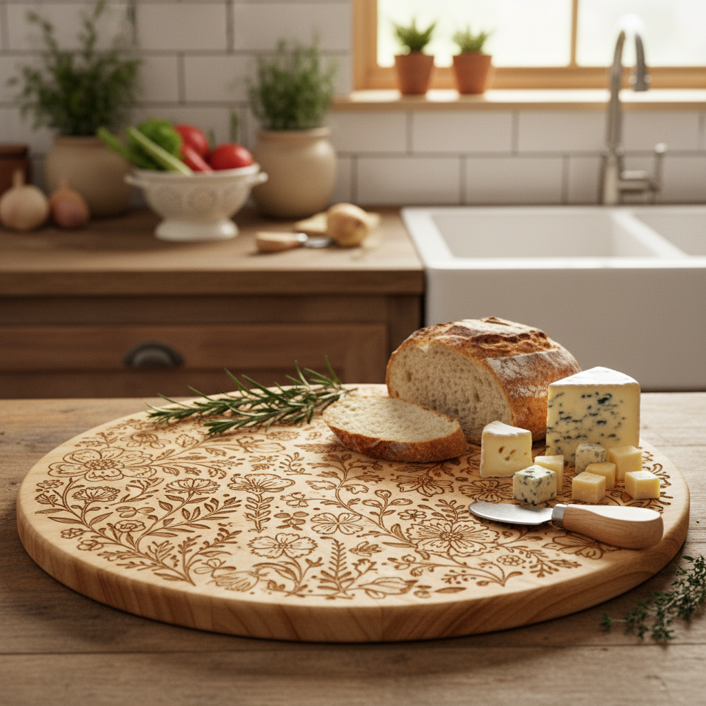 Round Floral Cutting Board - Kitchen Counter